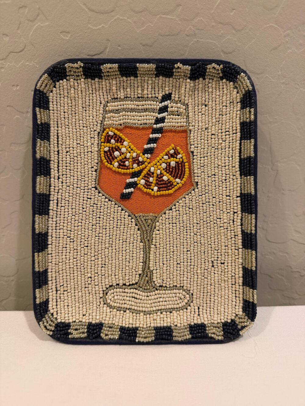 Anthropologie Beaded Trinket Dish Citrus Cocktail Orange Navy